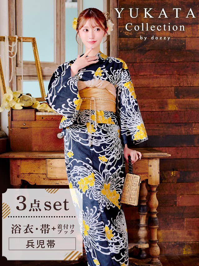 [3点SET]濃紺×乱れ菊柄浴衣【2025年新作/YUKATA by dazzy】