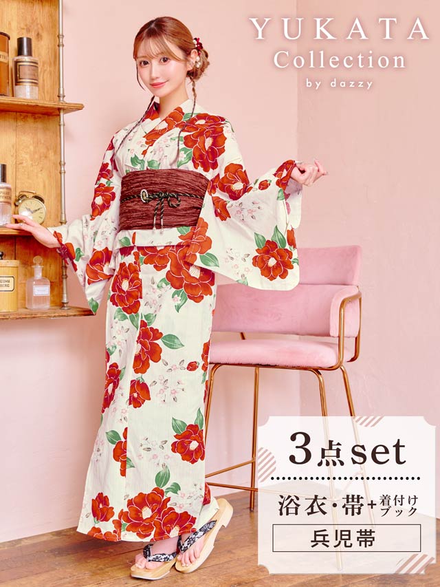 白地×ビビット紅椿柄浴衣【2025年新作/YUKATA by dazzy】