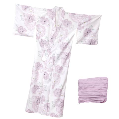 [2点SET]パステル線画八重咲薔薇柄浴衣【YUKATA by dazzy 2025】(ホワイト×ライトピンク-フリーサイズ)
