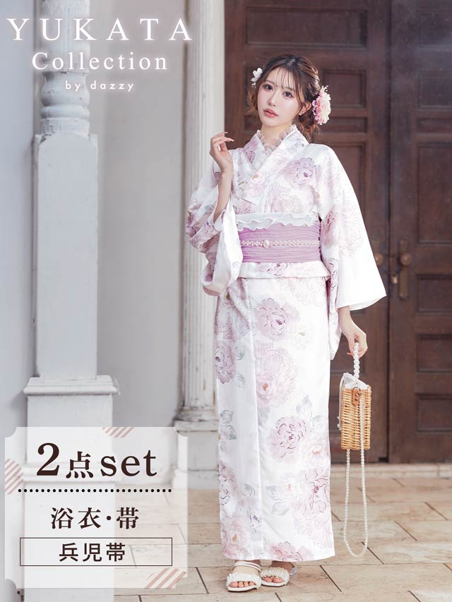 [2点SET]パステル線画八重咲薔薇柄浴衣【YUKATA by dazzy 2025】
