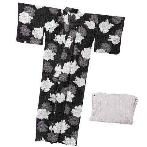 濃紺縦縞×淡牡丹柄浴衣【2025年新作/YUKATA by dazzy】(ブラック×ライトグレー-フリー)