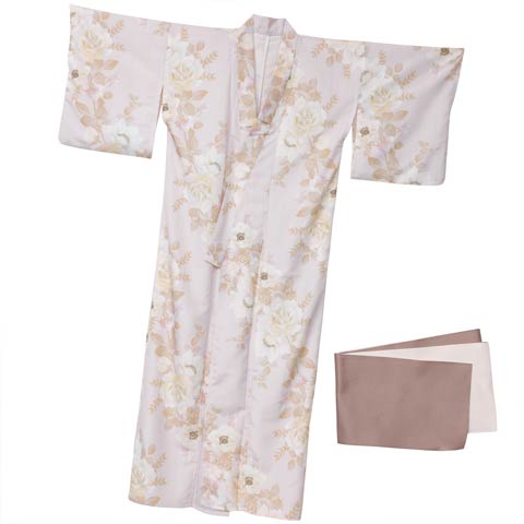 [2点SET]淡茶×白薔薇柄浴衣【YUKATA by dazzy 2025】(ライトピンクベージュ×ライトブラウン-フリー)