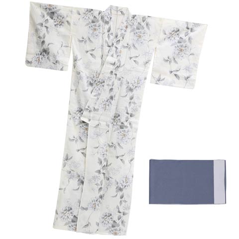 [3点SET]古典天竺牡丹柄浴衣【2025年新作/YUKATA by dazzy】(ライトグレー×ブルー-フリー)