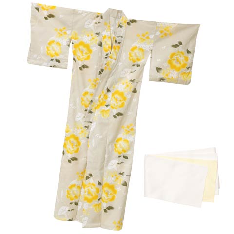 レトロモダン黄色芙蓉柄浴衣【2025年新作/YUKATA by dazzy】(グレー×アイボリー-フリー)