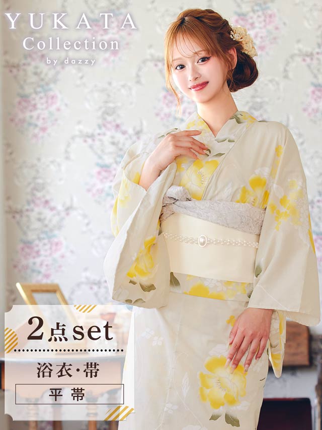 レトロモダン黄色芙蓉柄浴衣【2025年新作/YUKATA by dazzy】