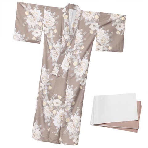 [2点SET]ダスティー白薔薇牡丹柄浴衣【YUKATA by dazzy 2025】(ベージュ×アイボリー-フリー)