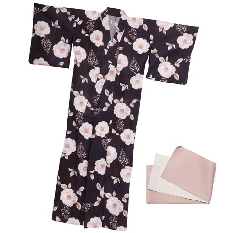 [3点SET]濃紺クリスマスローズ柄浴衣【2025年新作/YUKATA by dazzy】(ネイビー×ライトピンク-フリーサイズ)