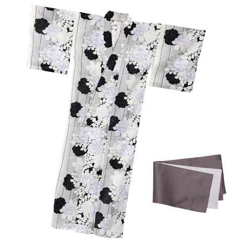 グラデーション縦縞×薔薇柄浴衣【2025年新作/YUKATA by dazzy】(グレー×チャコールグレー-フリー)