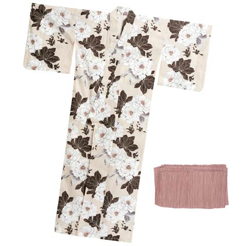 [3点SET]グレージュ×白薔薇柄浴衣【2025年新作/YUKATA by dazzy】(グレージュ×モカ-フリーサイズ)