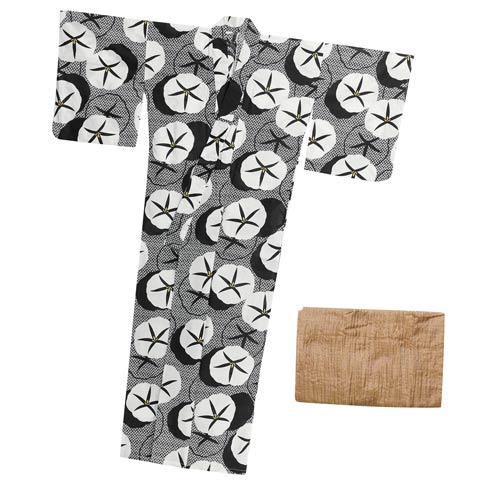 [2点SET]モノトーンレトロ朝顔柄浴衣【YUKATA by dazzy 2025】(ブラック×マスタード-フリーサイズ)