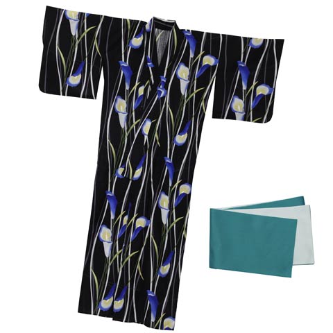 [2点SET]モダン縦縞×青百合柄浴衣【YUKATA by dazzy 2025】(ブラック×ミント-フリー)