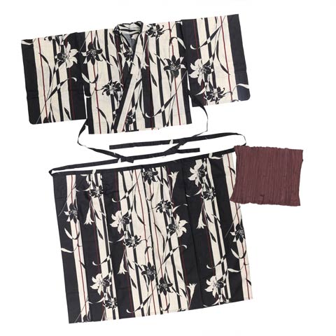 [セパレート浴衣] 縦縞モノクロ百合柄浴衣[4点SET]【YUKATA by dazzy 2025】(ブラック×キナリ-フリー)