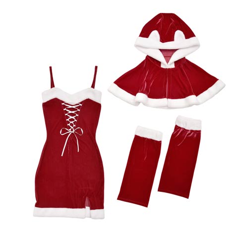 [3点SET]レースアップ猫耳ポンチョ付きサンタワンピースセット【2022クリスマス/コスプレ】(レッド-S)