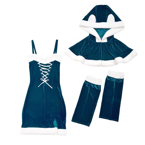 [3点SET]レースアップ猫耳ポンチョ付きサンタワンピースセット【2022クリスマス/コスプレ】(ブルーグリーン-S)