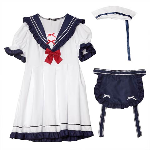 10/3新作![4点SET]マリンセーラーメイドコスチューム【2025ハロウィン/コスプレ】(ホワイト×ネイビー-フリーサイズ)