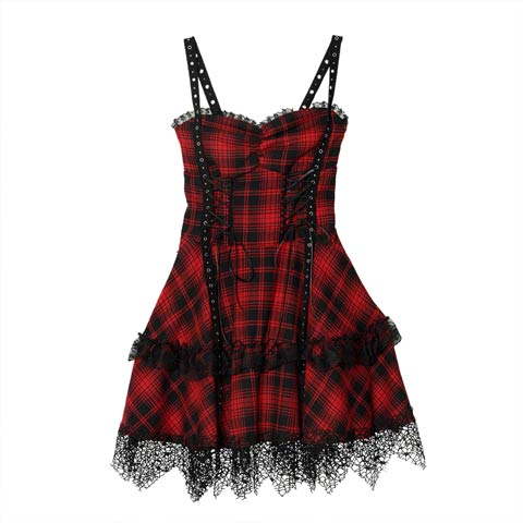 10/3新作!ゴシックパンクファンキーガールワンピースコスチューム【2025ハロウィン/コスプレ】(レッド×ブラック-フリーサイズ)
