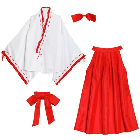 10/15新作![4点SET]ガーリーフリル巫女コスチューム【2025ハロウィン/コスプレ】(ホワイト×レッド-Sサイズ)