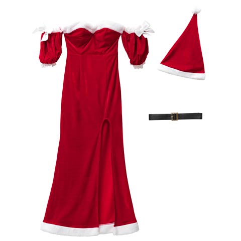 11/20新作!【3点SET】エレガントロングスリットサンタコス【2025サンタ/コスプレ】(レッド-Sサイズ)