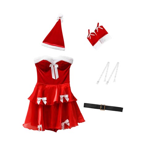11/20新作!【4点SET】ホワイトリボンオーガンジーサンタコス【2025サンタ/コスプレ】(レッド-Sサイズ)