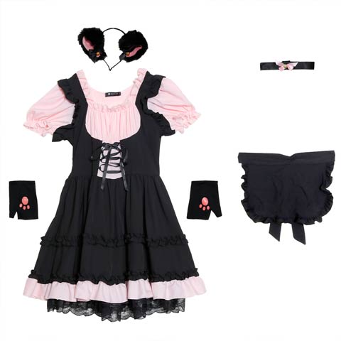 10/7新作![MLサイズ][5点SET]フリル猫耳メイドコスチューム[2サイズ展開](ブラックXピンク-Mサイズ)