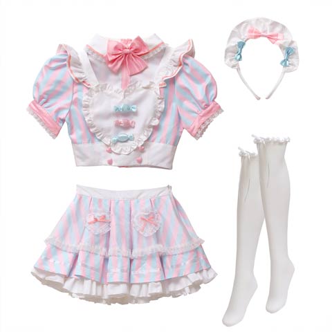 10/9新作!【オサレカンパニー監修】[4点SET]キャンディーフリルメイドコスチューム【2025ハロウィン/コスプレ】(ピンク×ブルー-Sサイズ)