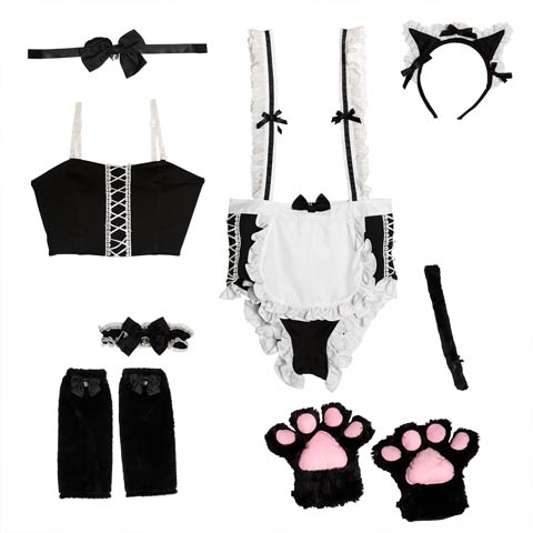 10/9新作!【オサレカンパニー監修】[8点SET]セクシーネコメイドコスチューム【2025ハロウィン/コスプレ】(ブラック×ホワイト-Sサイズ)