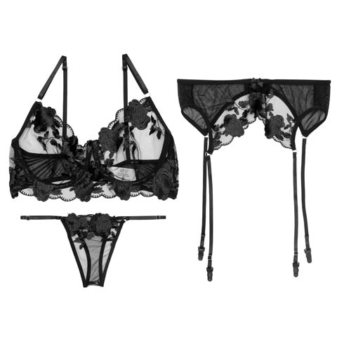 11/20再販![CARRIEFRANCA]スカラップシアーローズガーターブラセット［大人気］(ブラック-S)