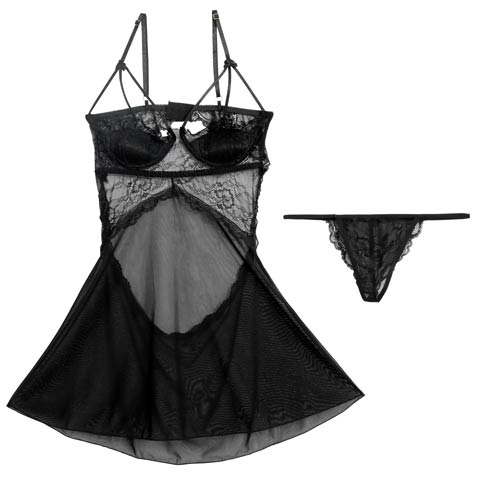 [CARRIEFRANCA]ストリングバッグカットレースベビードール(ブラック-フリー)