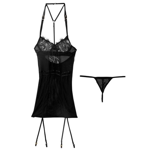 [CARRIEFRANCA]ホルターストリングガーターベビードール(ブラック-フリー)