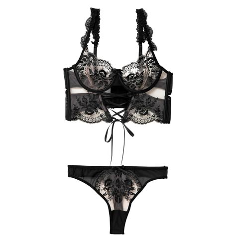 1/9新作![CARRIEFRANCA]レースアップフラワービスチェブラセット［大人気］(ブラック-S)