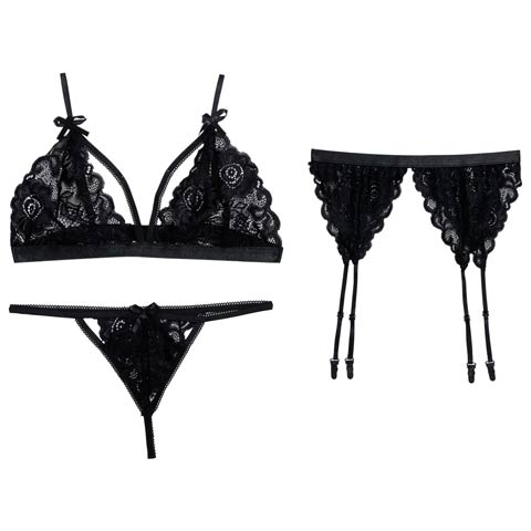 3/13新作![CARRIEFRANCA]ノワールレーシィガーターブラセット［大人気］(ブラック-フリー)