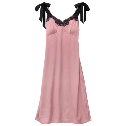 サテンレースショルダーリボンワンピースルームウェア(ピンク-M)