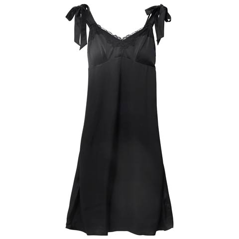 サテンレースショルダーリボンワンピースルームウェア(ブラック-M)