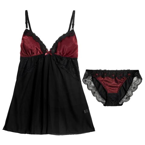 11/28新作!シックサテンレーシィベビードール(ワインレッド-M)