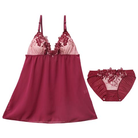 12/26新作!ノーブルボタニカルエンブロイダリーベビードール(ワインレッド-M)