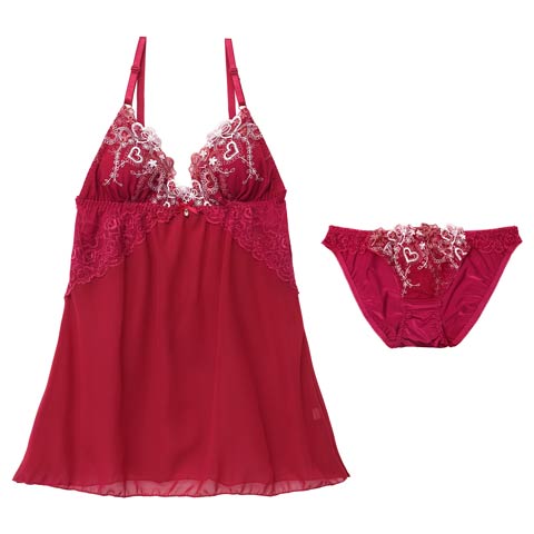 4/16再販!スイートロマンティックハートベビードール(ワインレッド-M)