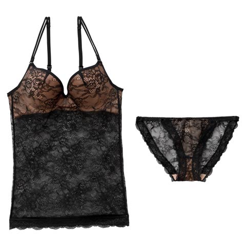 オールレースヌーディカップ付きキャミソール＆フルバックショーツ［12H限定1］(ブラック-S)