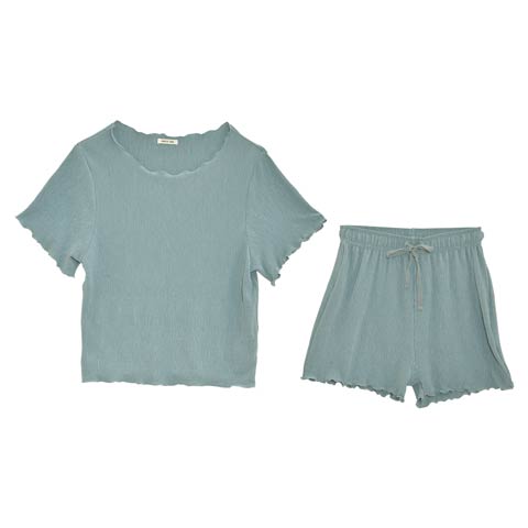 シンプルワンカラー半袖Tシャツ&ショートパンツルームウェア(ブルー-フリー)