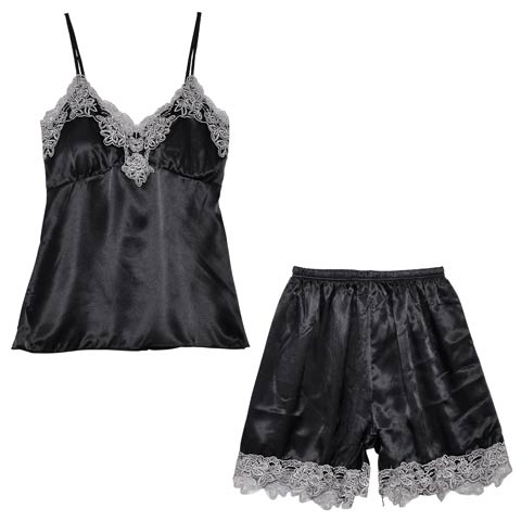 エレガントローズサテンキャミソール&タップパンツ(ブラック-M)