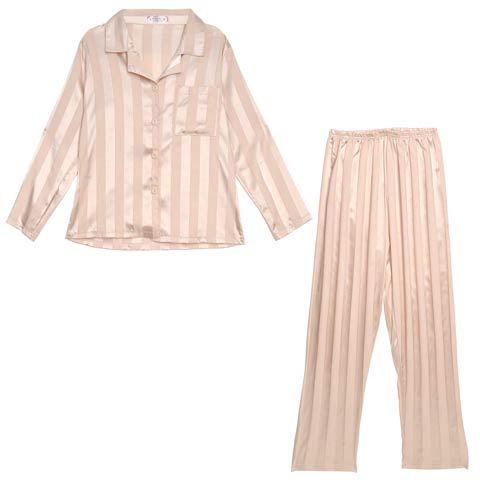 シャイニーストライプトップス&ロングパンツルームウェア(ピンク-M)