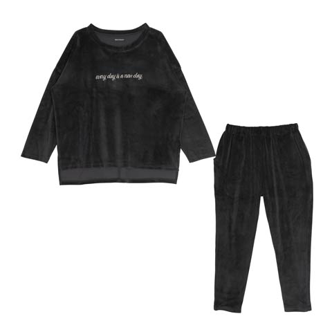 スムースロゴ刺繍トップス&ロングパンツルームウェア(ブラック-ML)