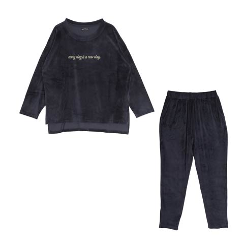 スムースロゴ刺繍トップス&ロングパンツルームウェア(ネイビー-ML)