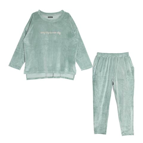 スムースロゴ刺繍トップス&ロングパンツルームウェア(ミント-ML)