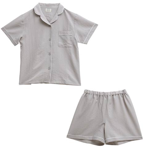 ナチュラルパイピング半袖トップス&ショートパンツルームウェア(グレー-フリー)