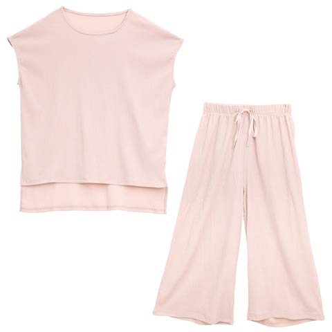ワンカラーシャーリング半袖トップス＆ロングパンツルームウェア(ピンク-ML)