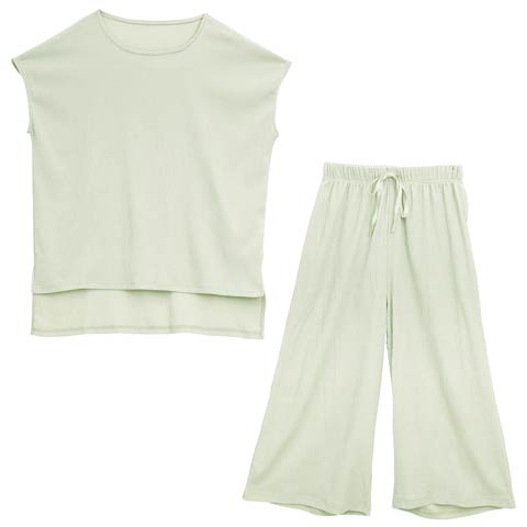 ワンカラーシャーリング半袖トップス＆ロングパンツルームウェア(ミント-ML)