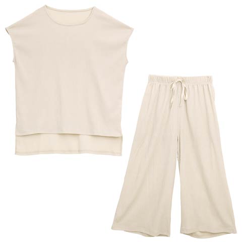 ワンカラーシャーリング半袖トップス＆ロングパンツルームウェア(ベージュ-ML)