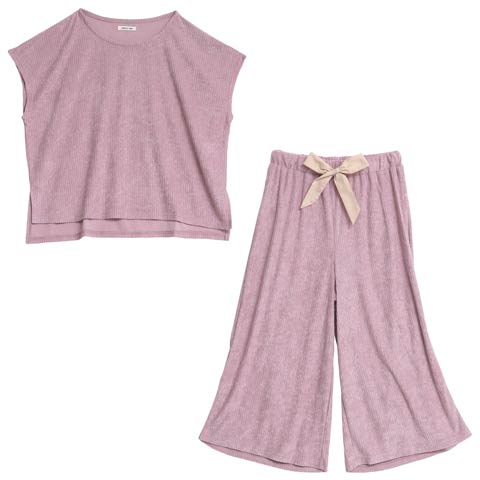 リブジャガードパイル半袖トップス＆ロングパンツルームウェア(ピンク-M)