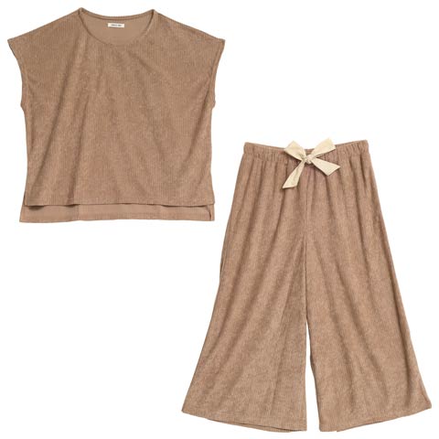 リブジャガードパイル半袖トップス＆ロングパンツルームウェア(ブラウン-M)