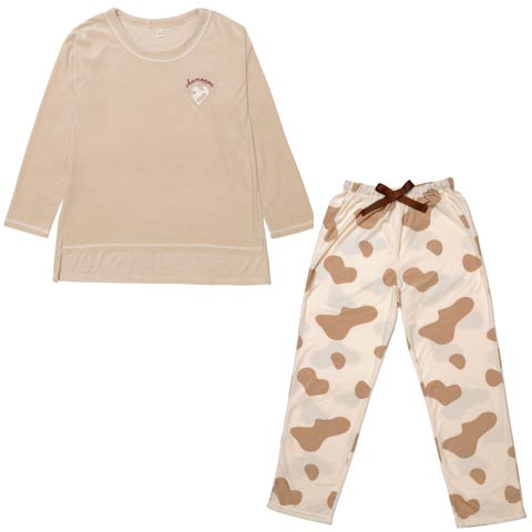 11/19新作!ハートカウモチーフ長袖トップス&ロングパンツルームウェア(ベージュ-M)